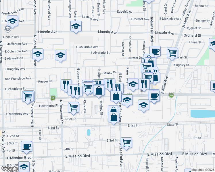 map of restaurants, bars, coffee shops, grocery stores, and more near 1214 Morning Sun Drive in Pomona