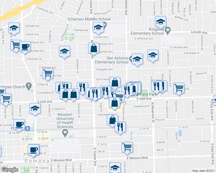 map of restaurants, bars, coffee shops, grocery stores, and more near 678 San Francisco Avenue in Pomona