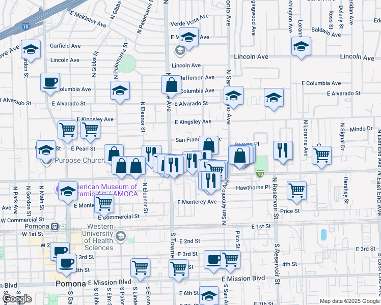 map of restaurants, bars, coffee shops, grocery stores, and more near 678 San Francisco Avenue in Pomona