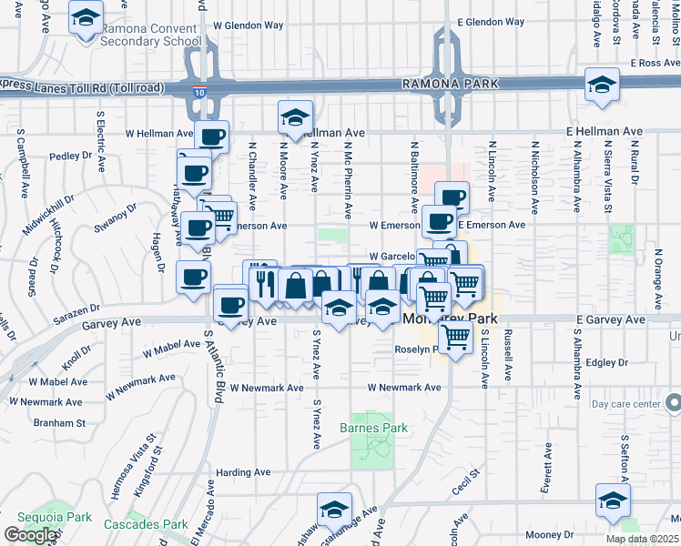 map of restaurants, bars, coffee shops, grocery stores, and more near 411 West Garcelon Avenue in Monterey Park