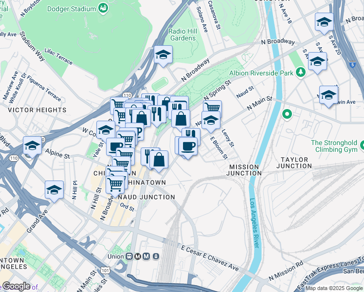 map of restaurants, bars, coffee shops, grocery stores, and more near 126 West Elmyra Street in Los Angeles