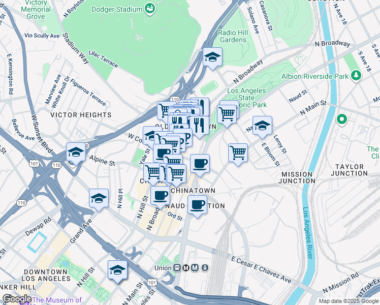 map of restaurants, bars, coffee shops, grocery stores, and more near 1231 North Spring Street in Los Angeles