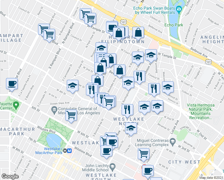map of restaurants, bars, coffee shops, grocery stores, and more near 132 South Westlake Avenue in Los Angeles