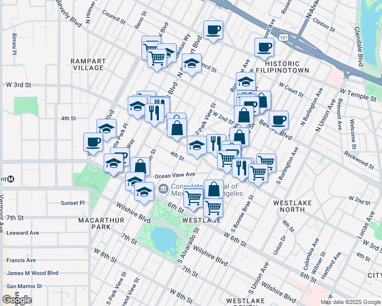 map of restaurants, bars, coffee shops, grocery stores, and more near 2332 Miramar Street in Los Angeles