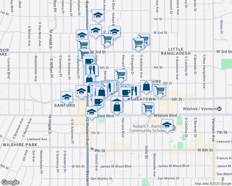 map of restaurants, bars, coffee shops, grocery stores, and more near 508 South Hobart Boulevard in Los Angeles