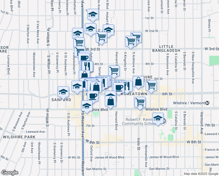 map of restaurants, bars, coffee shops, grocery stores, and more near 508 South Hobart Boulevard in Los Angeles