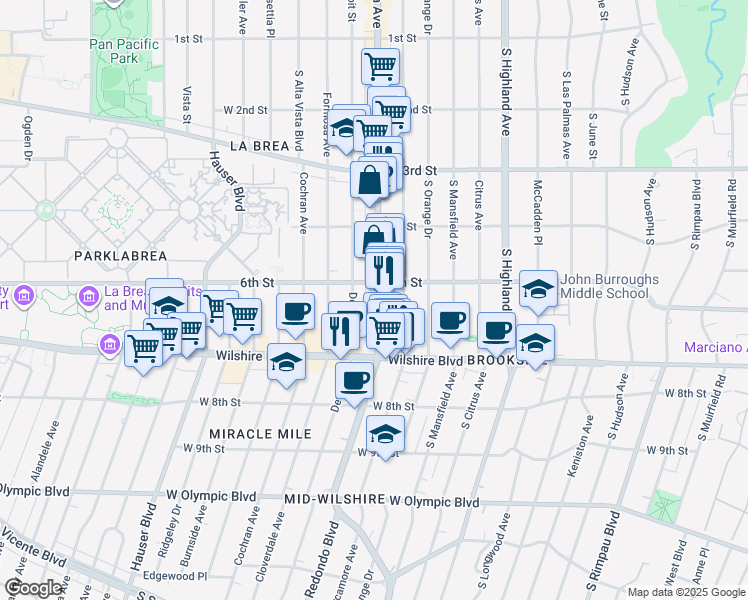 map of restaurants, bars, coffee shops, grocery stores, and more near 460 South La Brea Avenue in Los Angeles