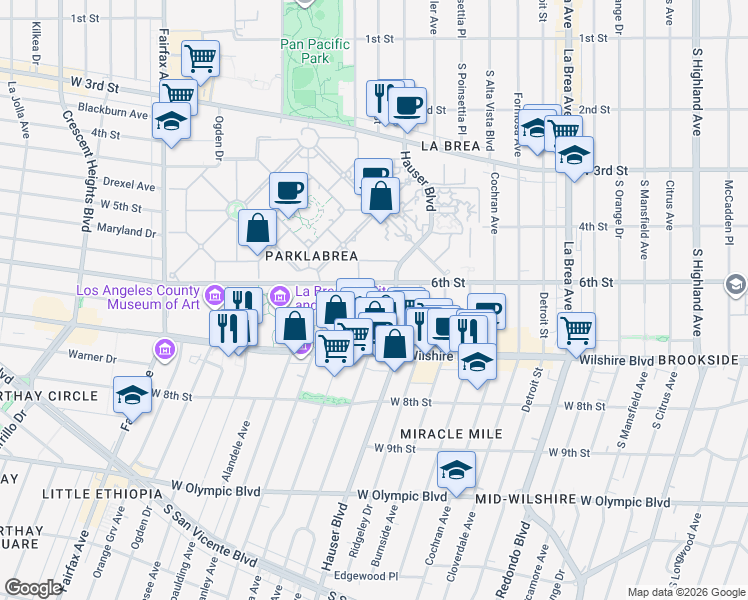 map of restaurants, bars, coffee shops, grocery stores, and more near in Los Angeles