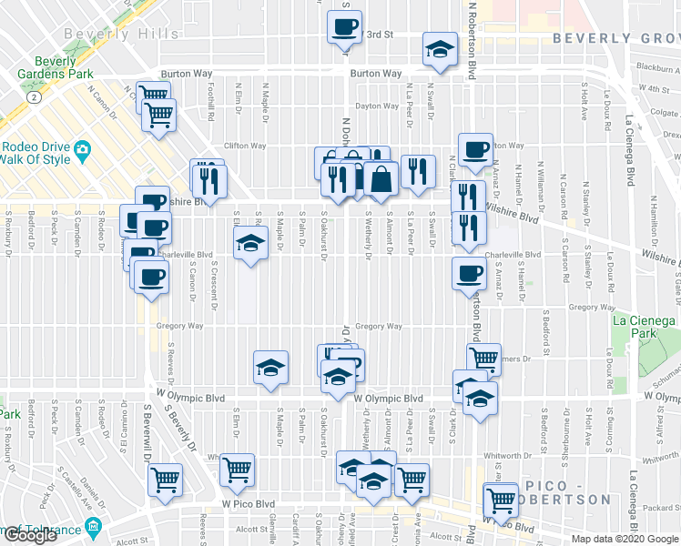 map of restaurants, bars, coffee shops, grocery stores, and more near 200 South Oakhurst Drive in Beverly Hills