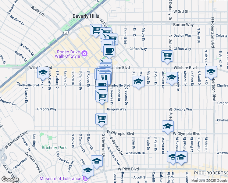map of restaurants, bars, coffee shops, grocery stores, and more near 9433 Charleville Boulevard in Beverly Hills