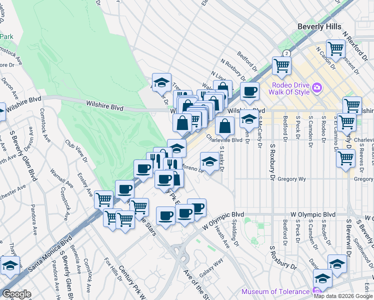 map of restaurants, bars, coffee shops, grocery stores, and more near 9939 North Santa Monica Boulevard in Beverly Hills