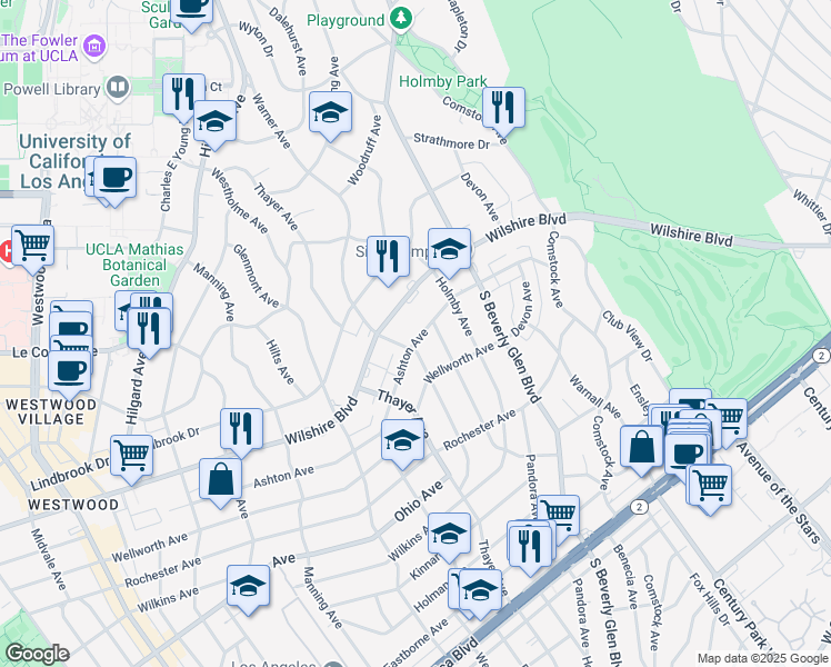 map of restaurants, bars, coffee shops, grocery stores, and more near 10450 Wilshire Boulevard in Los Angeles