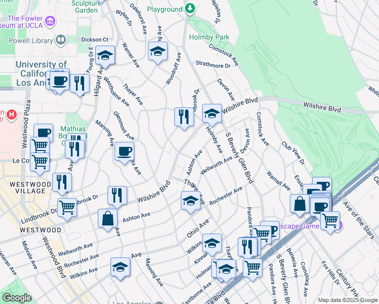 map of restaurants, bars, coffee shops, grocery stores, and more near 10450 Wilshire Boulevard in Los Angeles