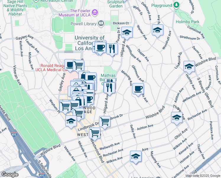 map of restaurants, bars, coffee shops, grocery stores, and more near 870 Hilgard Avenue in Los Angeles