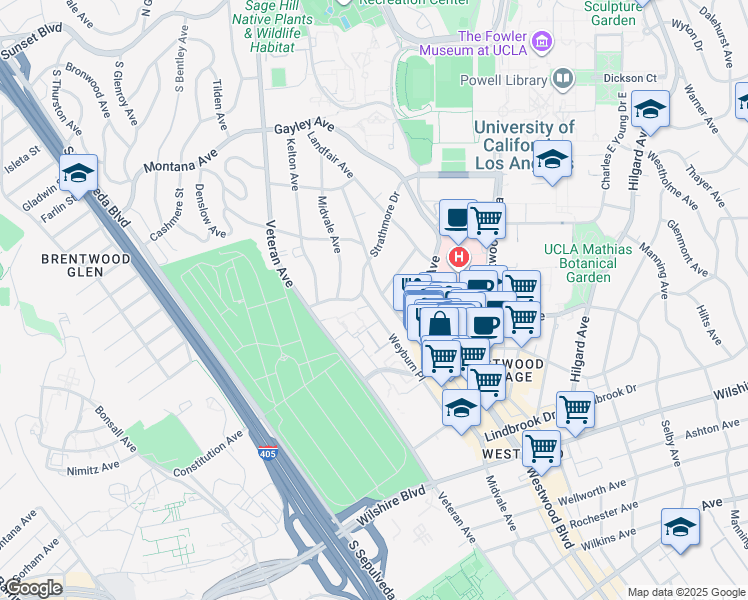 map of restaurants, bars, coffee shops, grocery stores, and more near 11024 Strathmore Drive in Los Angeles