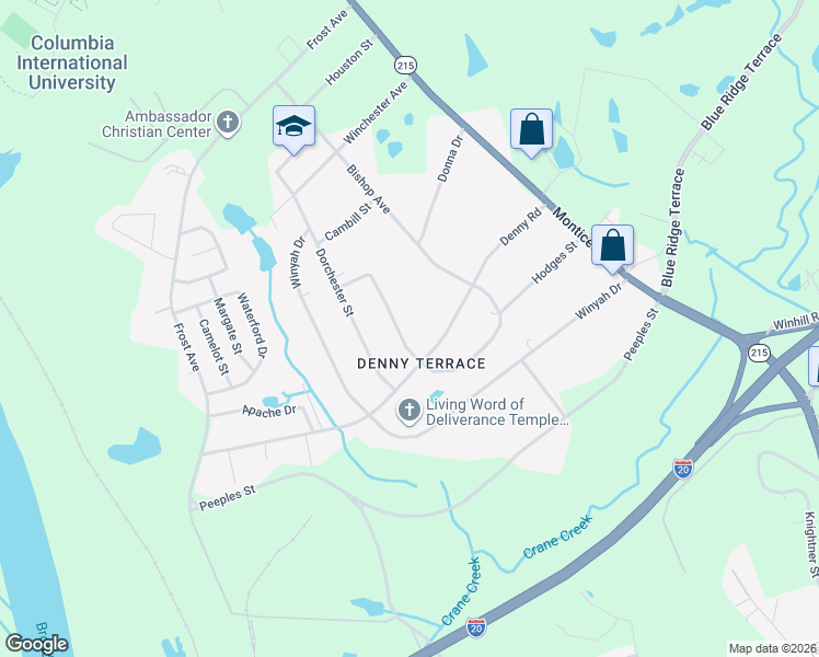 map of restaurants, bars, coffee shops, grocery stores, and more near 1439 Denny Road in Columbia