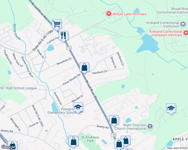map of restaurants, bars, coffee shops, grocery stores, and more near 1418 Haviland Circle in Columbia