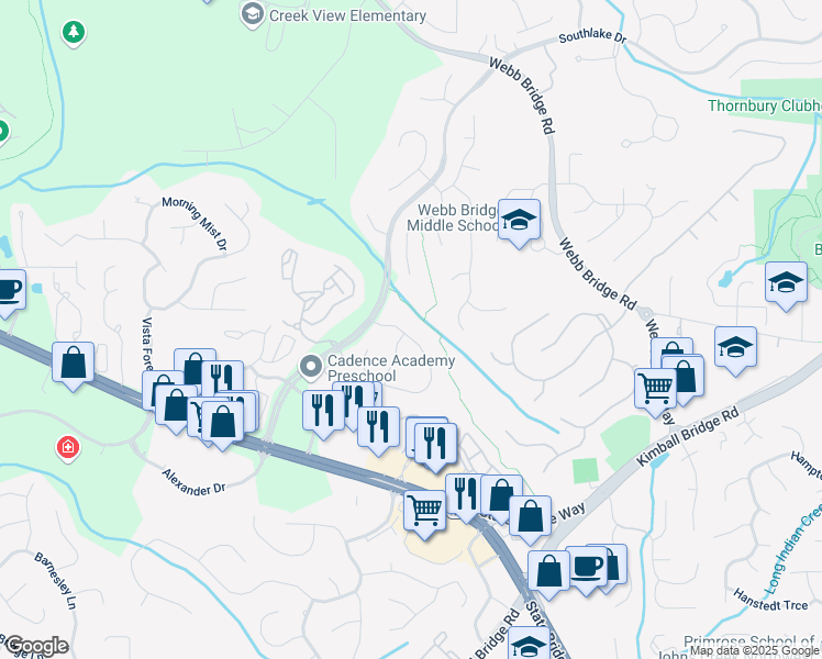 map of restaurants, bars, coffee shops, grocery stores, and more near 150 Park Creek Drive in Alpharetta