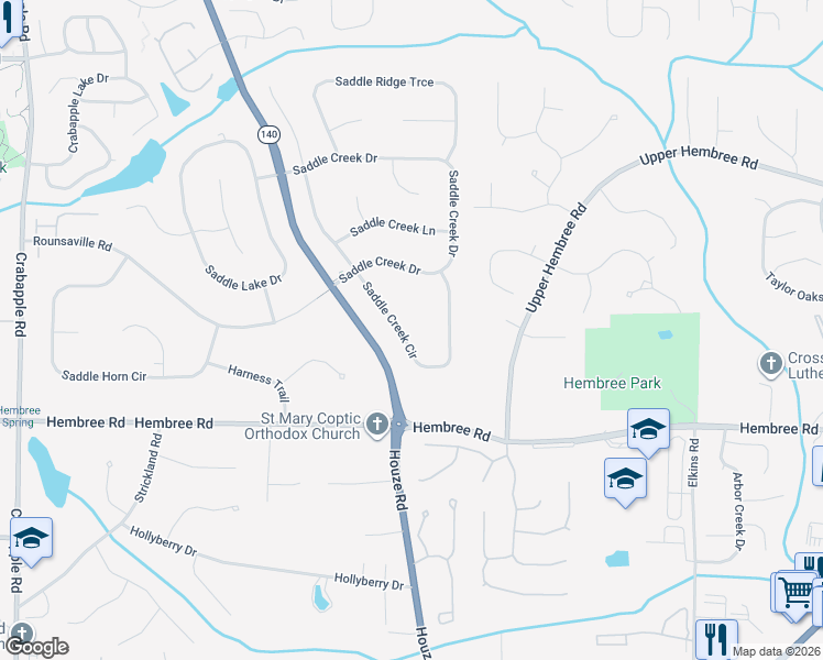 map of restaurants, bars, coffee shops, grocery stores, and more near 690 Saddle Creek Circle in Roswell