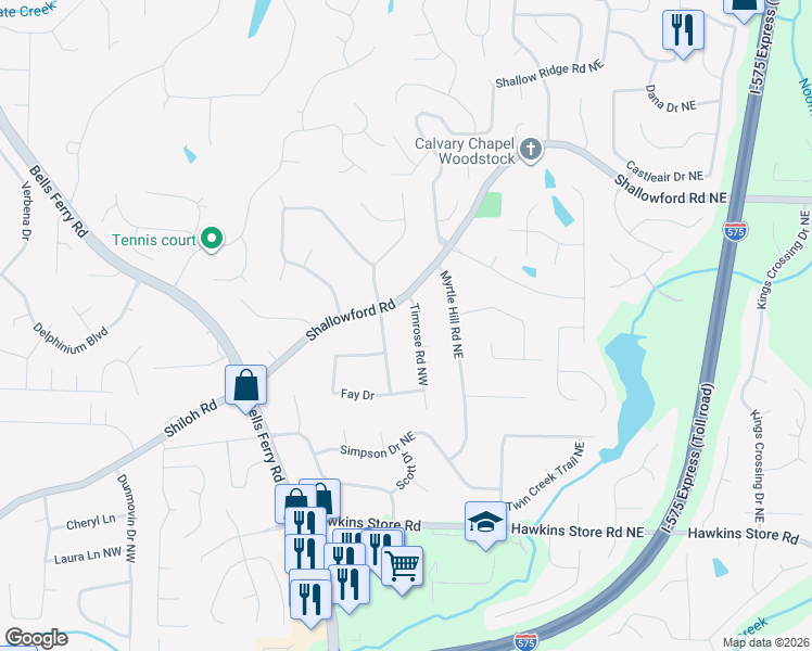 map of restaurants, bars, coffee shops, grocery stores, and more near 4601 Timrose Road Northwest in Kennesaw