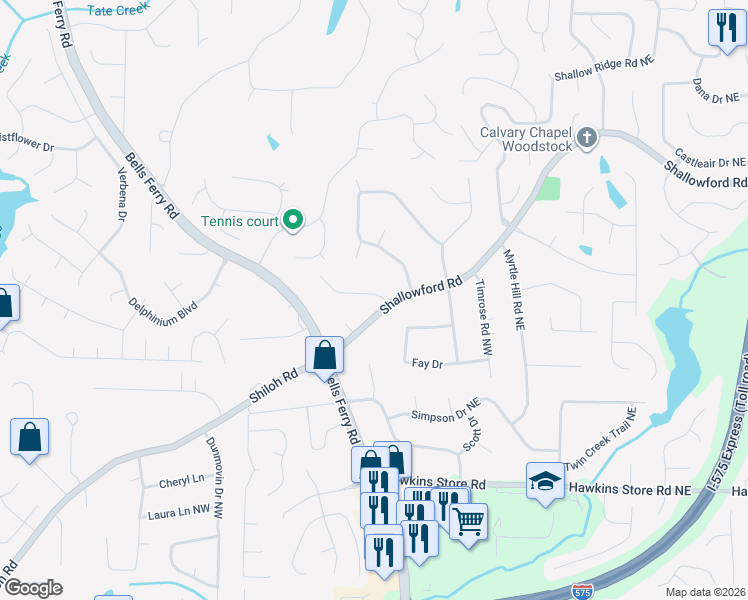 map of restaurants, bars, coffee shops, grocery stores, and more near 243 Shiloh Hills Drive Northwest in Kennesaw