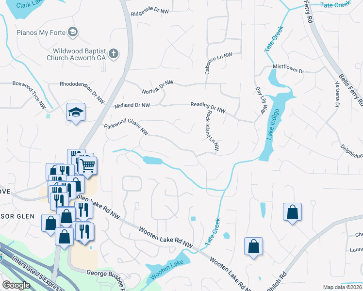 map of restaurants, bars, coffee shops, grocery stores, and more near 1246 Parkwood Chase Northwest in Acworth