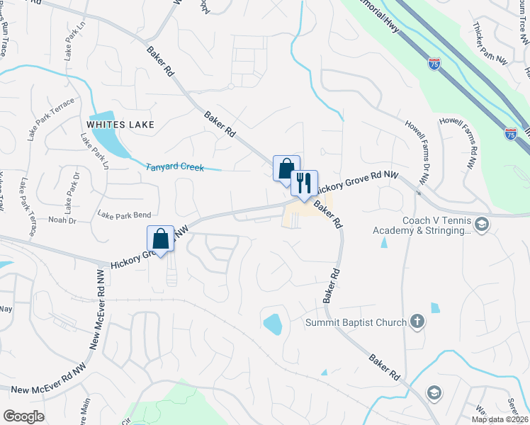 map of restaurants, bars, coffee shops, grocery stores, and more near 2700 Hickory Grove Road Northwest in Acworth