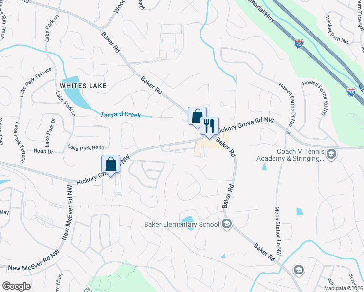 map of restaurants, bars, coffee shops, grocery stores, and more near 2568 Willow Grove Road in Acworth