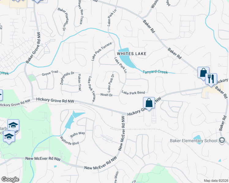 map of restaurants, bars, coffee shops, grocery stores, and more near 4603 Noah Overlook West in Acworth