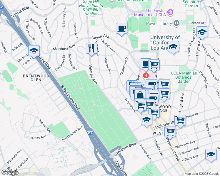 map of restaurants, bars, coffee shops, grocery stores, and more near Midvale Ave & Strathmore Dr in Los Angeles