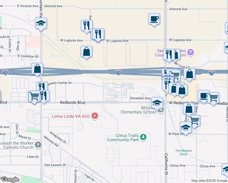 map of restaurants, bars, coffee shops, grocery stores, and more near 26200 Redlands Boulevard in Redlands