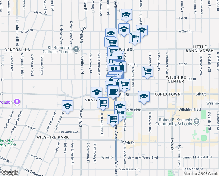 map of restaurants, bars, coffee shops, grocery stores, and more near 536 South Manhattan Place in Los Angeles