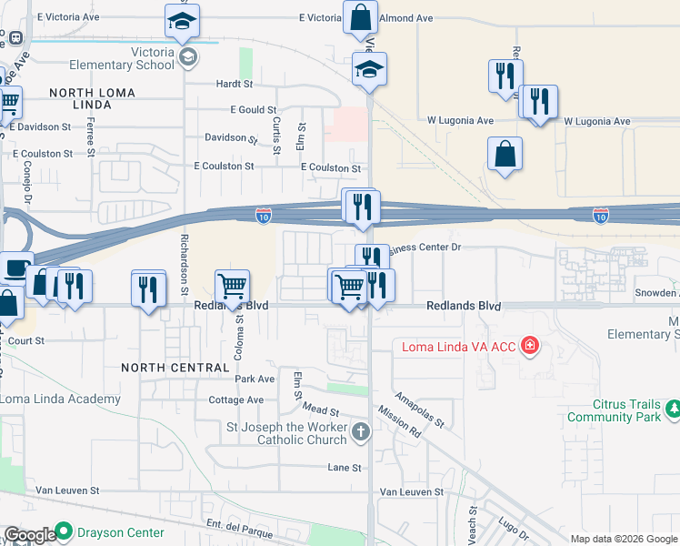 map of restaurants, bars, coffee shops, grocery stores, and more near 25636 Sun Avenue in Loma Linda