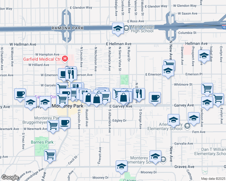 map of restaurants, bars, coffee shops, grocery stores, and more near 220 North Alhambra Avenue in Monterey Park