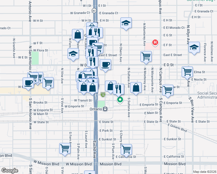 map of restaurants, bars, coffee shops, grocery stores, and more near 102 North Lemon Avenue in Ontario