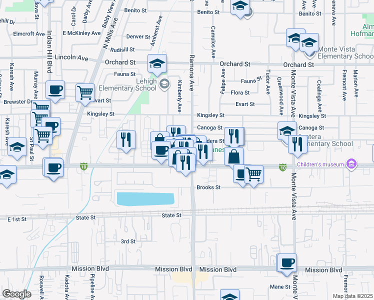 map of restaurants, bars, coffee shops, grocery stores, and more near 4444 Bandera Street in Montclair