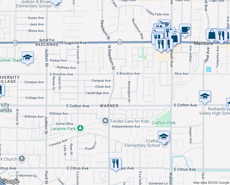 map of restaurants, bars, coffee shops, grocery stores, and more near 914 North Dearborn Street in Redlands