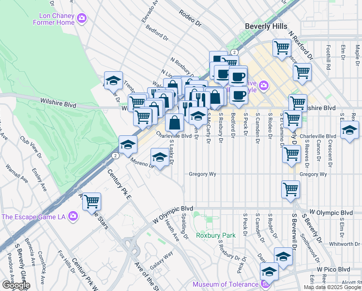 map of restaurants, bars, coffee shops, grocery stores, and more near 211 South Spalding Drive in Beverly Hills