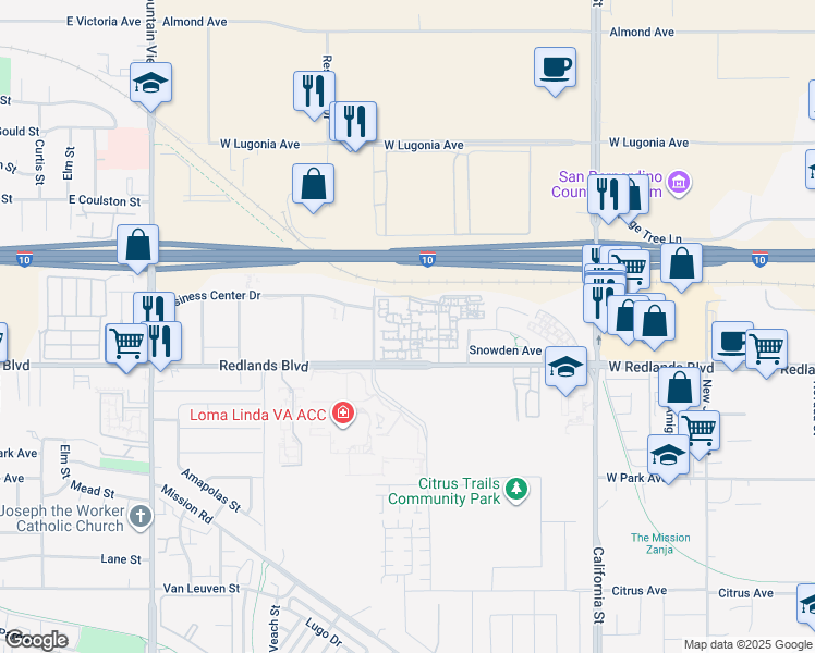 map of restaurants, bars, coffee shops, grocery stores, and more near 26200 Redlands Boulevard in Redlands