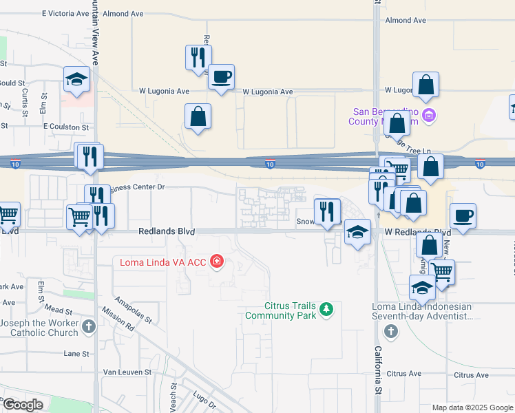 map of restaurants, bars, coffee shops, grocery stores, and more near 26200 Redlands Boulevard in Redlands