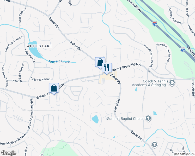 map of restaurants, bars, coffee shops, grocery stores, and more near 2700 Hickory Grove Road Northwest in Acworth