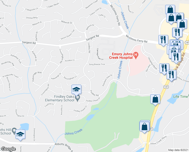 map of restaurants, bars, coffee shops, grocery stores, and more near 440 Findley Way in Johns Creek