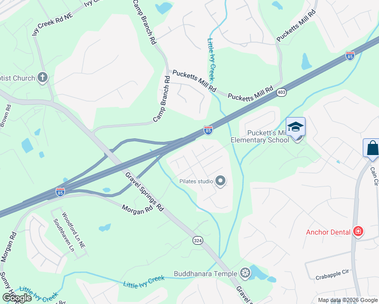 map of restaurants, bars, coffee shops, grocery stores, and more near 2526 Morgan Chase Drive in Buford