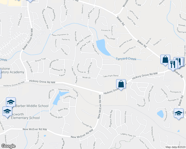 map of restaurants, bars, coffee shops, grocery stores, and more near 4603 Noah Overlook West in Acworth