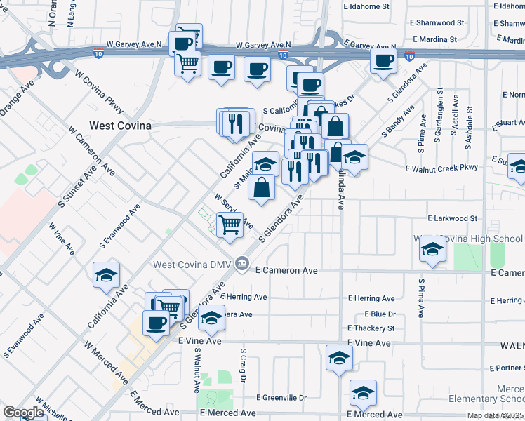 map of restaurants, bars, coffee shops, grocery stores, and more near 675 South Glendora Avenue in West Covina