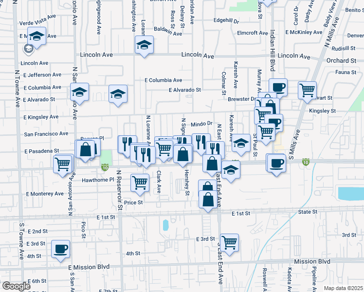 map of restaurants, bars, coffee shops, grocery stores, and more near 681 North Signal Drive in Pomona