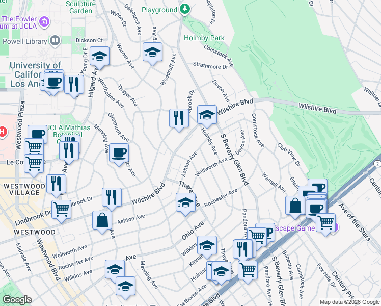 map of restaurants, bars, coffee shops, grocery stores, and more near 10475 Ashton Avenue in Los Angeles