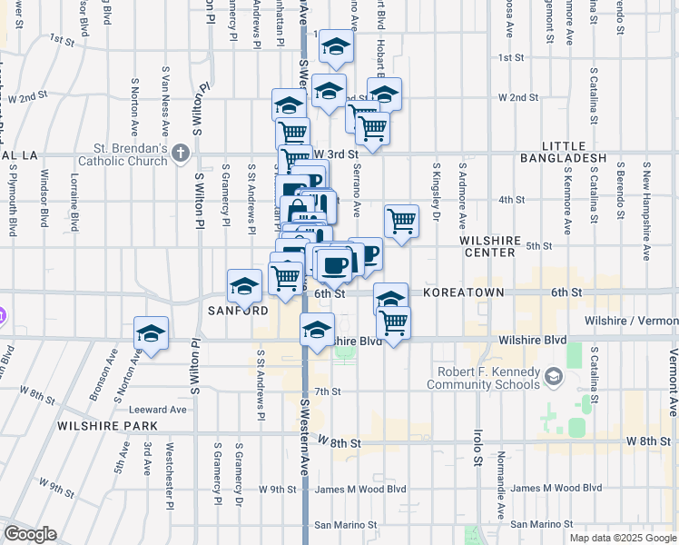 map of restaurants, bars, coffee shops, grocery stores, and more near 501 South Oxford Avenue in Los Angeles