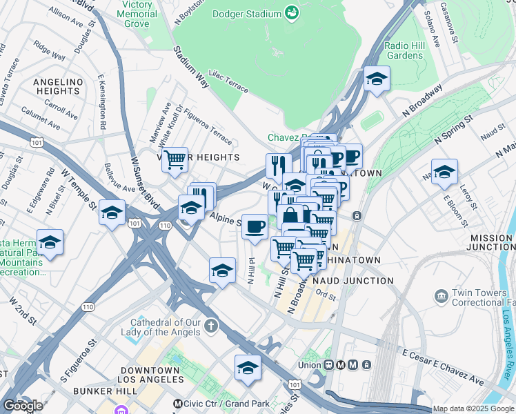 map of restaurants, bars, coffee shops, grocery stores, and more near 860 North Bunker Hill Avenue in Los Angeles