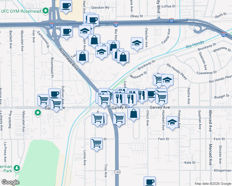 map of restaurants, bars, coffee shops, grocery stores, and more near 9453 Cortada Street in El Monte